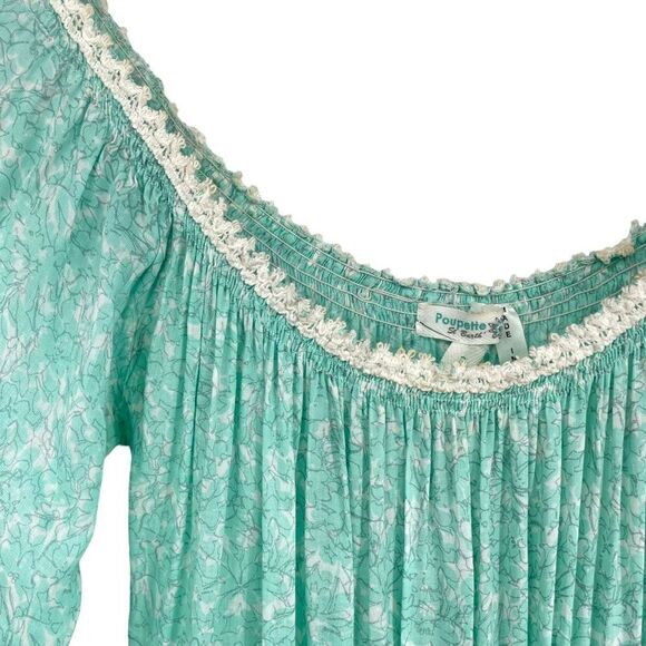 Poupette St Barth Off the Shoulder Light Green Floral and Lace Mini Dress XS - Picture 6 of 7